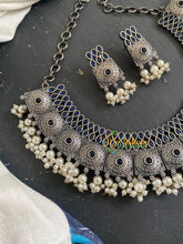Silver Look Alike Choker Short Neckpiece -Dark Blue-S730